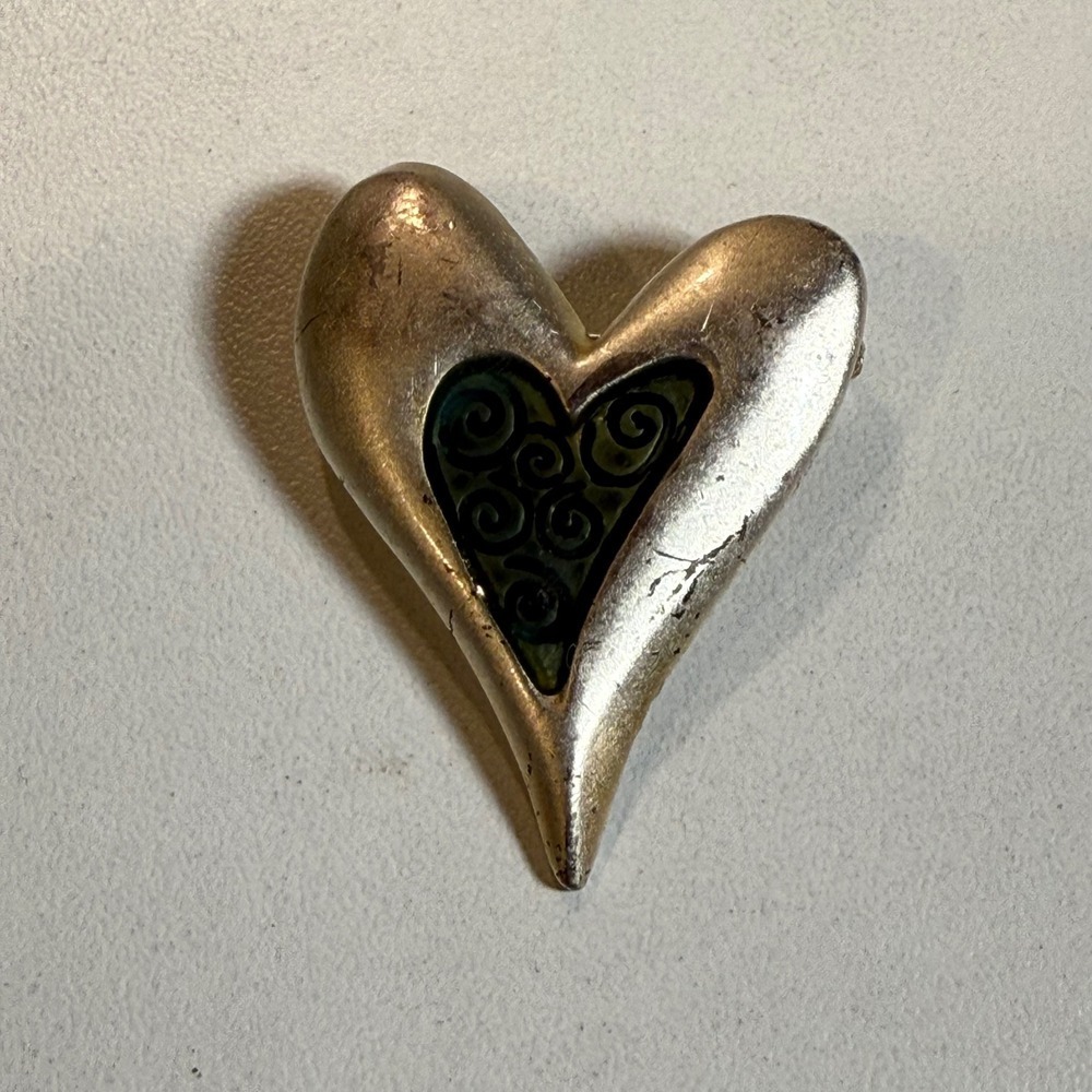 Heart Brooch Pin Silver Tone With Green‎ Swirl Design For Women